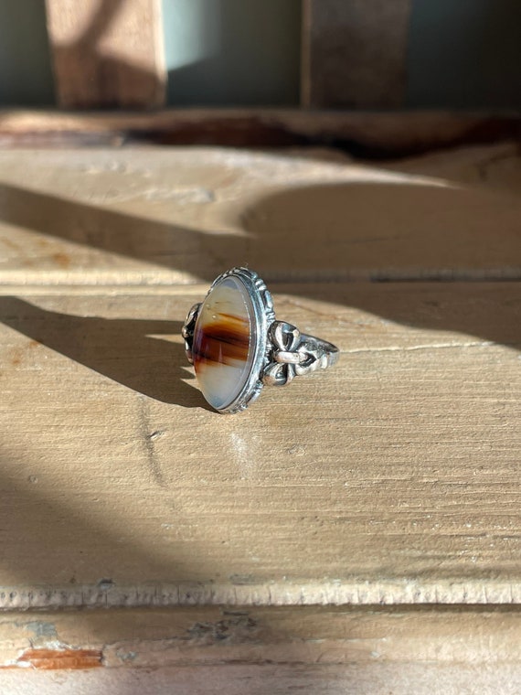 Sterling Silver & 10K Yellow Gold Ring With Marquis Shaped Agate 
