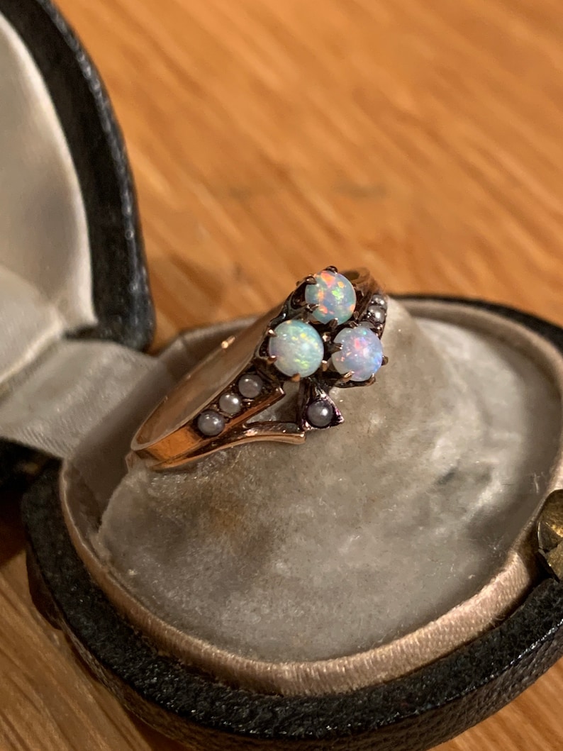 Antique Victorian 10K Rose Gold Opal and Seed Pearl Ring