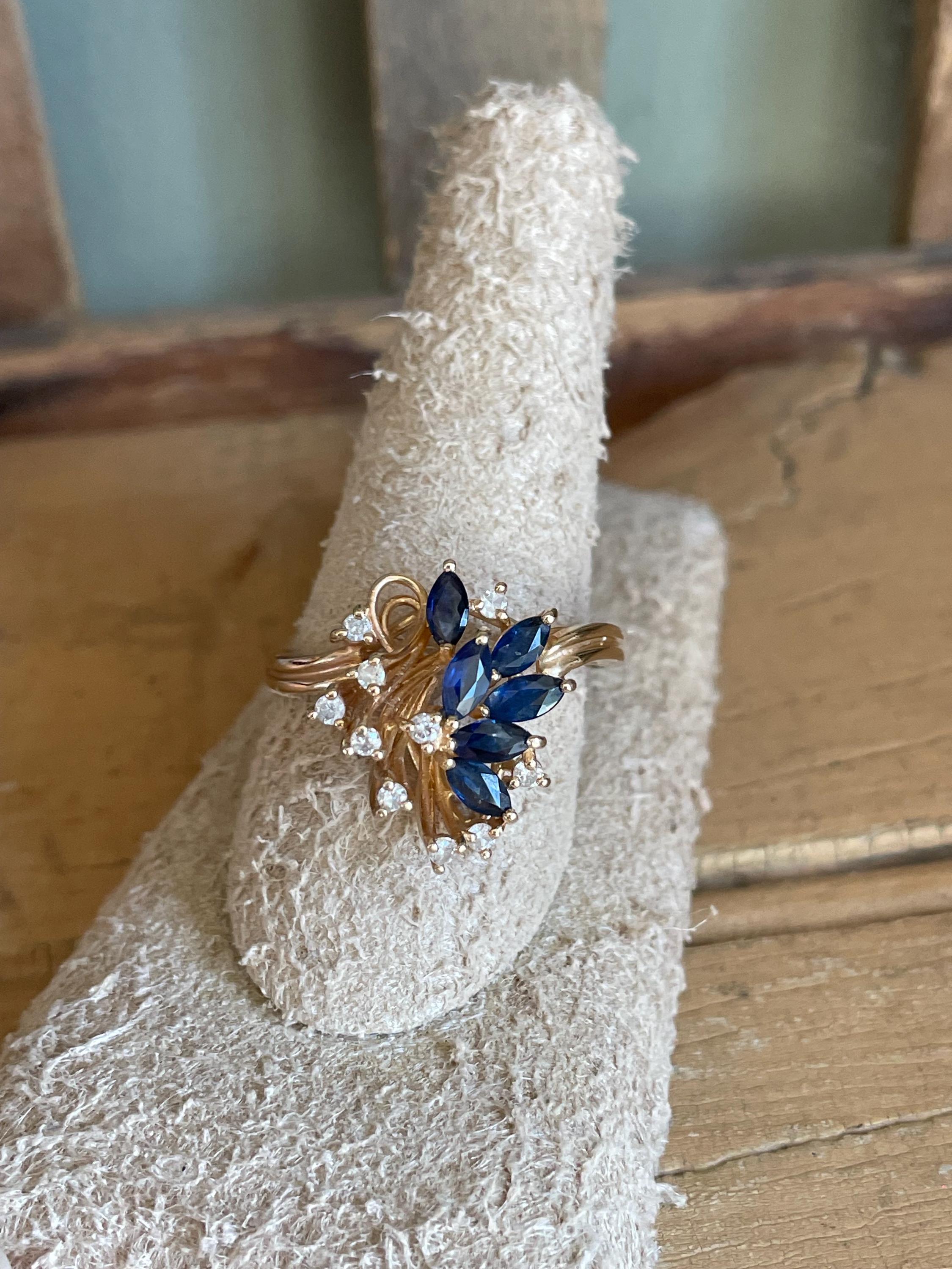 1980's Vintage 14K Yellow Gold Marquise Shape Sapphire and Diamond Spray Ring