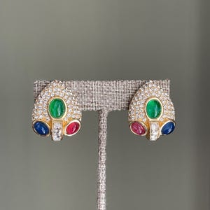Christian Dior GROSSE 1960 Glass Ruby Sapphire Emerald Designer Clip Earrings