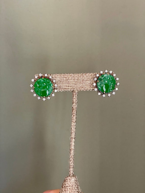 Mid Century Carved Jadeite and Diamond Earrings