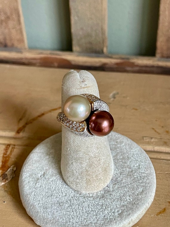 Dramatic 14K Yellow and White Pearl Ring with Diam