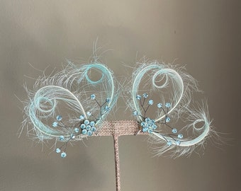 1950's Mid Century Baby Blue Feather and Rhinestone Earrings