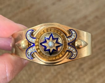 Antique Victorian Etruscan Revival 14k Bracelet with Enamel and Pearls