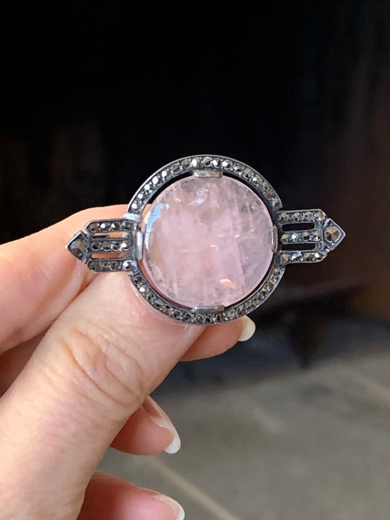 Sterling Art Deco Rose Quartz Marcasite Brooch