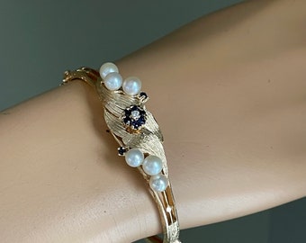 1960's 14K Yellow Gold Sapphire, Diamond and Pearl Bracelet