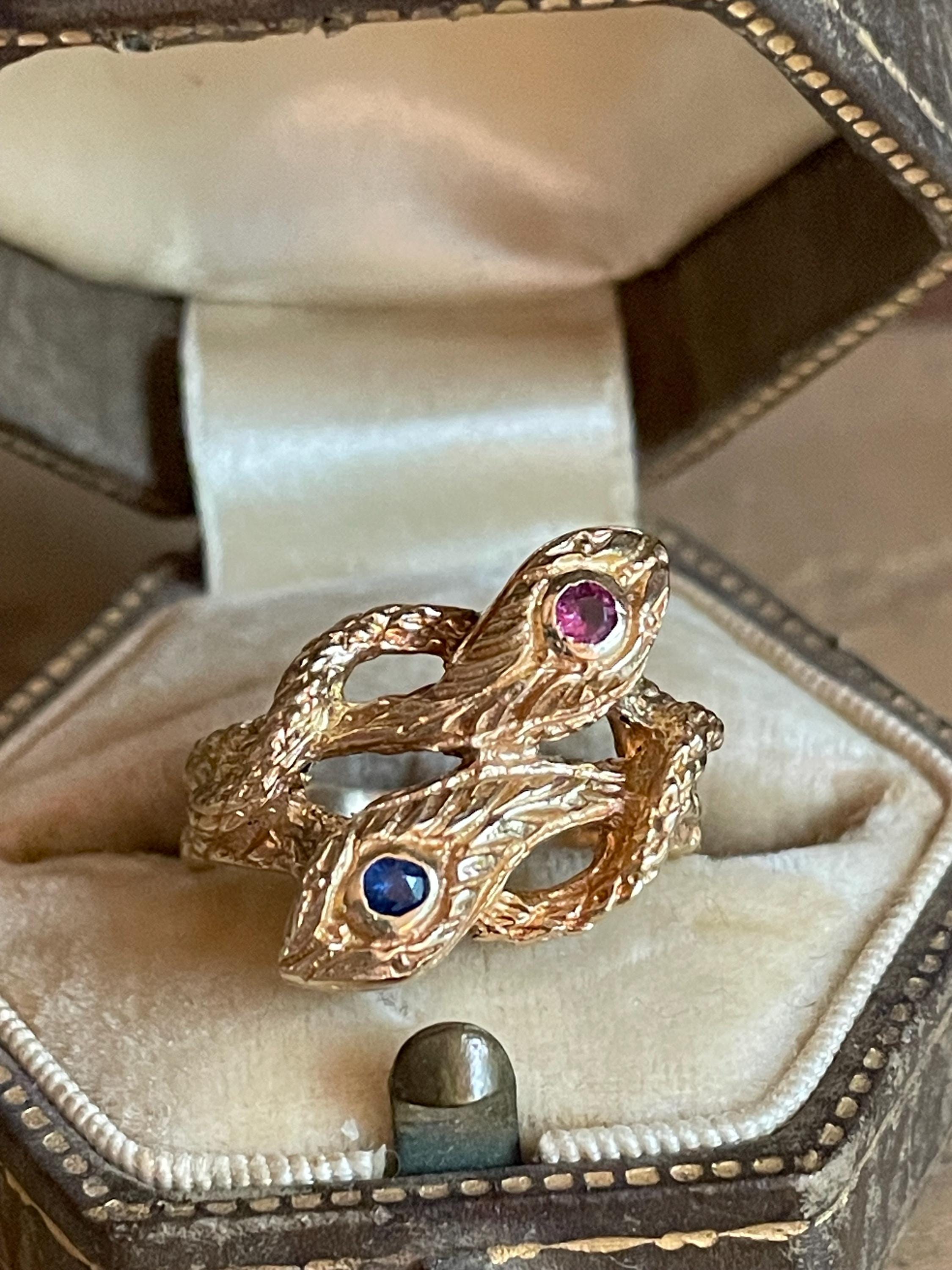 14k Yellow Gold Double Snake Ring With Sapphire and Ruby Set Heads - Etsy