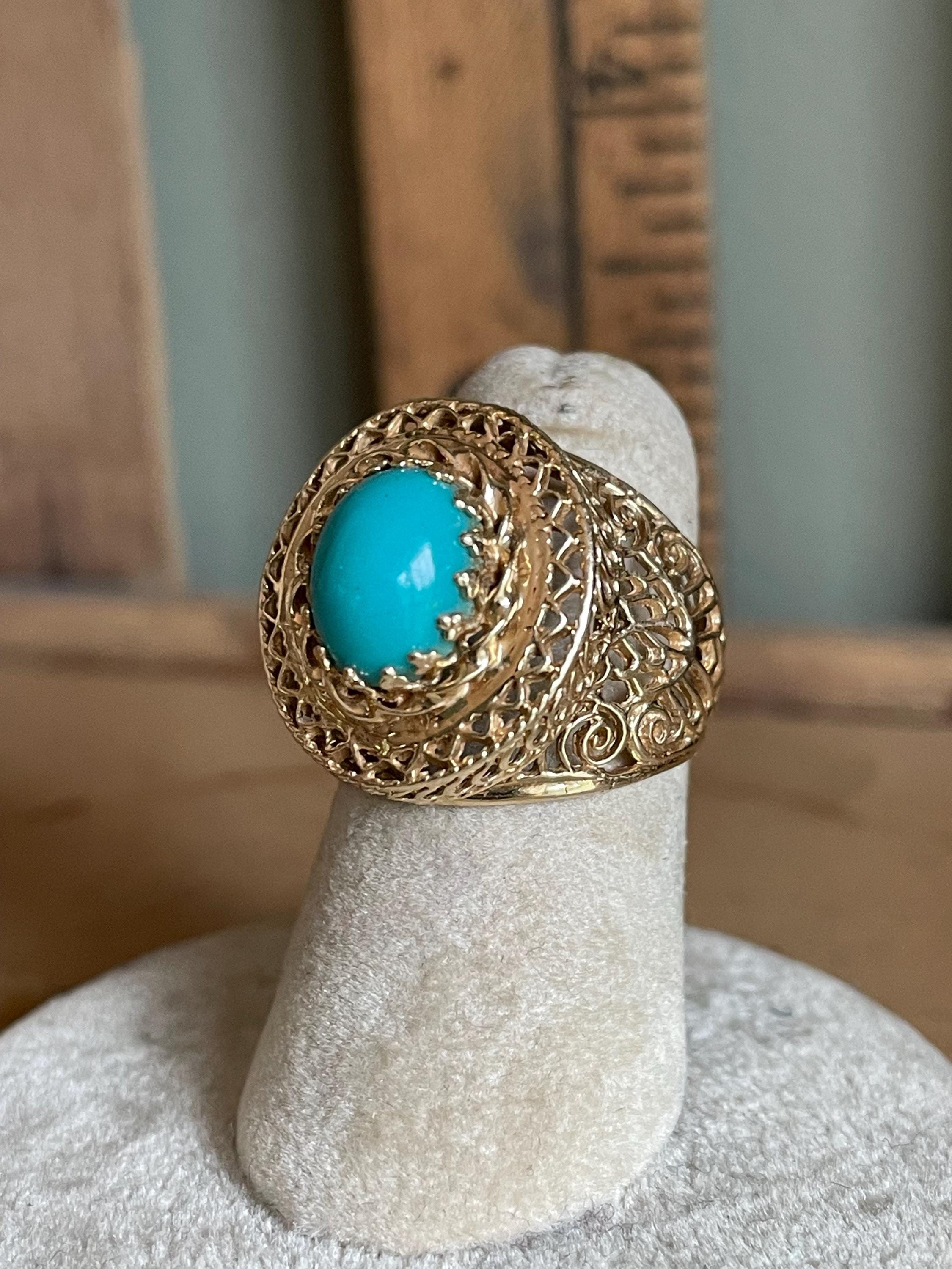Beautiful! Vintage Gold with Faux Turquoise stones and rhinestones.  Size 34 Antique Victorian 15ct Gold Turquoise Pearl Ring  main image 4