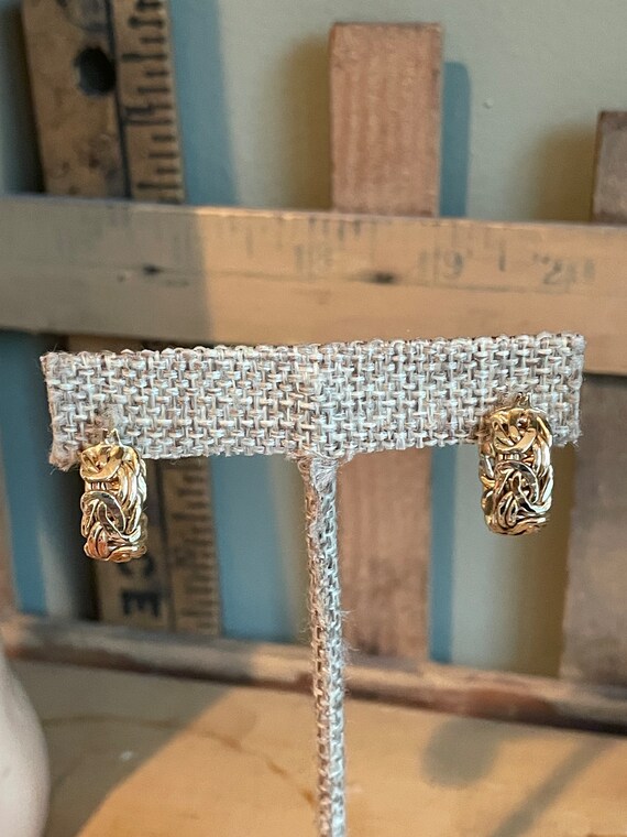 14K Yellow Gold Wide Byzantine Link Hoop Earrings - image 2