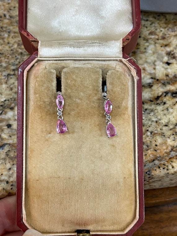 10K White Gold Pink Sapphire and Diamond Dangle E… - image 2