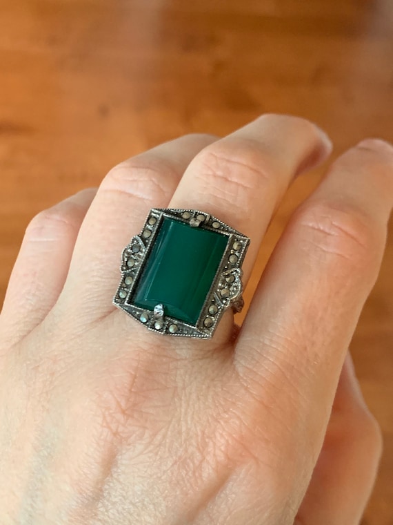 c1930 Art Deco Sterling Silver Green Chalcedony Ma