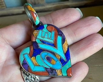 Navajo Turquoise Coral Love Heart Inlay Pendant