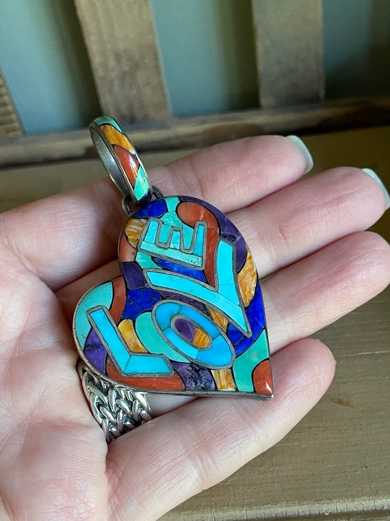 Navajo Turquoise Coral Love Heart Inlay Pendant