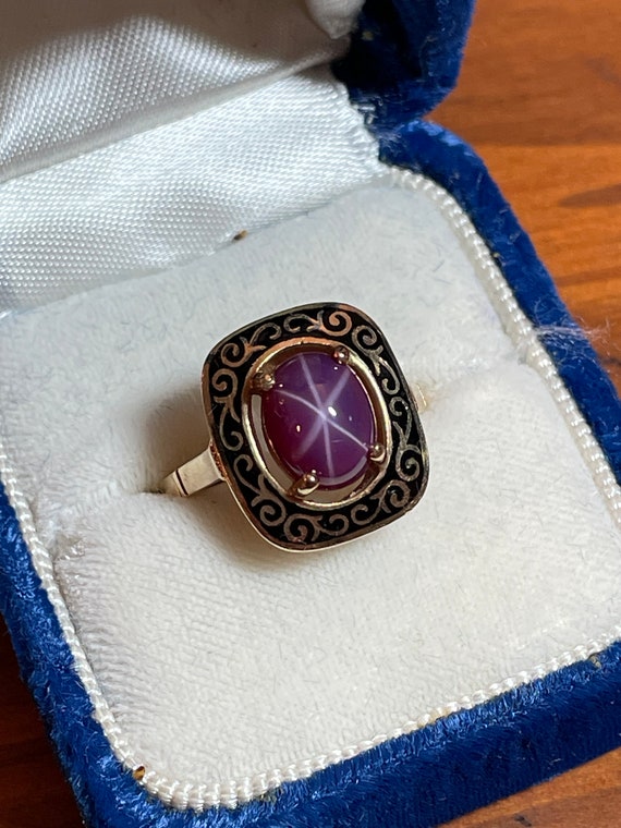 Vintage Mid Century Star Ruby Ring with Black Ena… - image 1