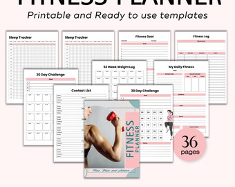 Printable Fitness Planner, Printable Health Fitness Planner Bundle, Fitness Journal, Diet, Workout Trackers, Meal planner, Instant Download