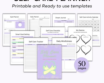 Puede incluir: Un conjunto de plantillas imprimibles de planificador de autocuidado. La portada del planificador es de color lila claro con las palabras "Self Care Planner" y un gráfico de dos brazos abrazándose. El planificador incluye plantillas para la planificación diaria, la definición de objetivos y las actividades de autocuidado. El planificador tiene 50 páginas.