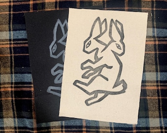 Linocut 2-Headed Rabbit Sew On Canvas Patch, 5x7 Fantasy, Folk Punk, Witchy, Alternative, Goth Fabric Patches, Tarot Alt Animal Block Print