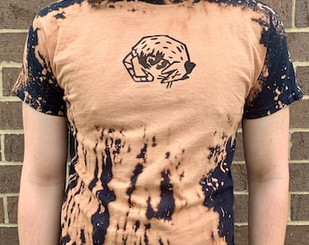 Dead Possum Linocut T-shirt - Bleach Dyed and Block Printed - Handmade, Hand Printed Dark Alt Splatter Dye Black Opossum Graphic Tee