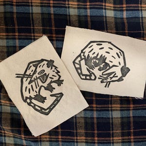 Linocut Possum Patch Pack, Set of 2 Sew On Canvas Patches, 5x7 Medium, Scared Playing Dead Opossum, Alt Punk Witchy Goth Animal Block Print