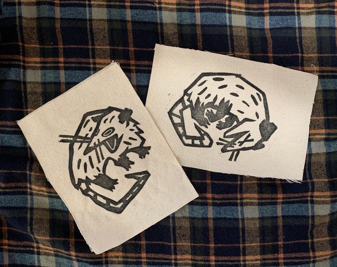 Linocut Possum Patch Pack, Set of 2 Sew On Canvas Patches, 5x7 Medium, Scared Playing Dead Opossum, Alt Punk Witchy Goth Animal Block Print