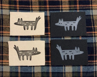 Linocut Witchy Wolf/Dog Creature Patch Pack, Set of 2 Sew On Canvas Patches, Unique Folk Art Fabric, Grunge Goth Animal Cryptid Block Print