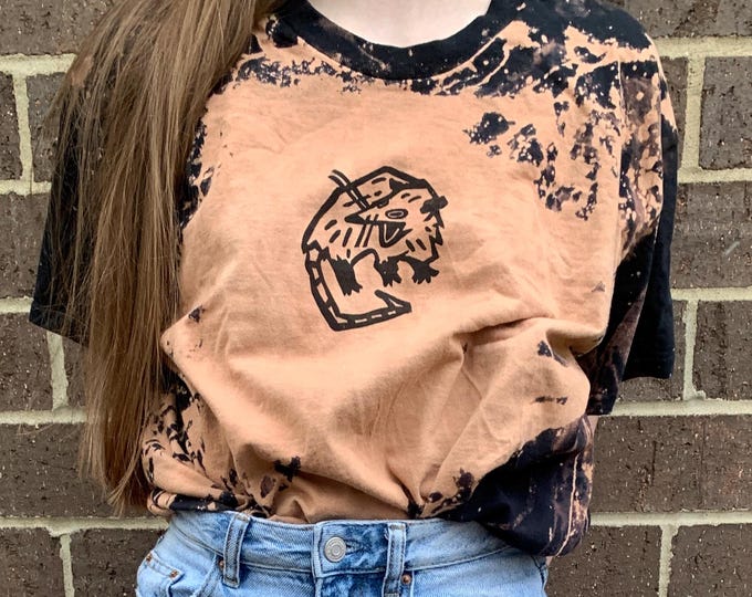 Linocut Screaming Possum T-shirt - Bleach Dyed, Block Printed, Handmade - Hand Printed Alternative Splatter Dye Black & Orange Graphic Tee