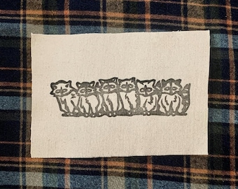 Linocut Raccoons Patch, Sew On Canvas Patches, 5x7 Medium, Midwest Emo Simple Linoprint, Alt Folk Punk Witchy Goth Animal Block Print