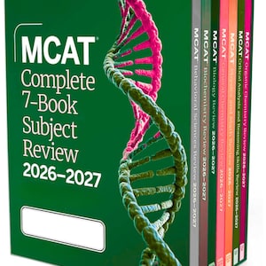 Może przedstawiać: Zestaw książek MCAT Complete 7-Book Subject Review 2026-2027 w pudełku. Zielone pudełko zawiera logo MCAT i grafikę z nicią DNA. Zestaw zawiera książki z chemii organicznej, analizy krytycznej, fizyki, chemii ogólnej, biologii, biochemii i nauk behawioralnych.