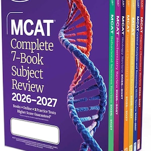 Peut inclure: Un coffret Kaplan MCAT Complete 7-Book Subject Review pour 2026-2027. L'ensemble présente un fond violet avec un graphique d'hélice d'ADN. Les livres sont codés par couleur et incluent des titres tels que "Biochemistry Review" et "Organic Chemistry Review."