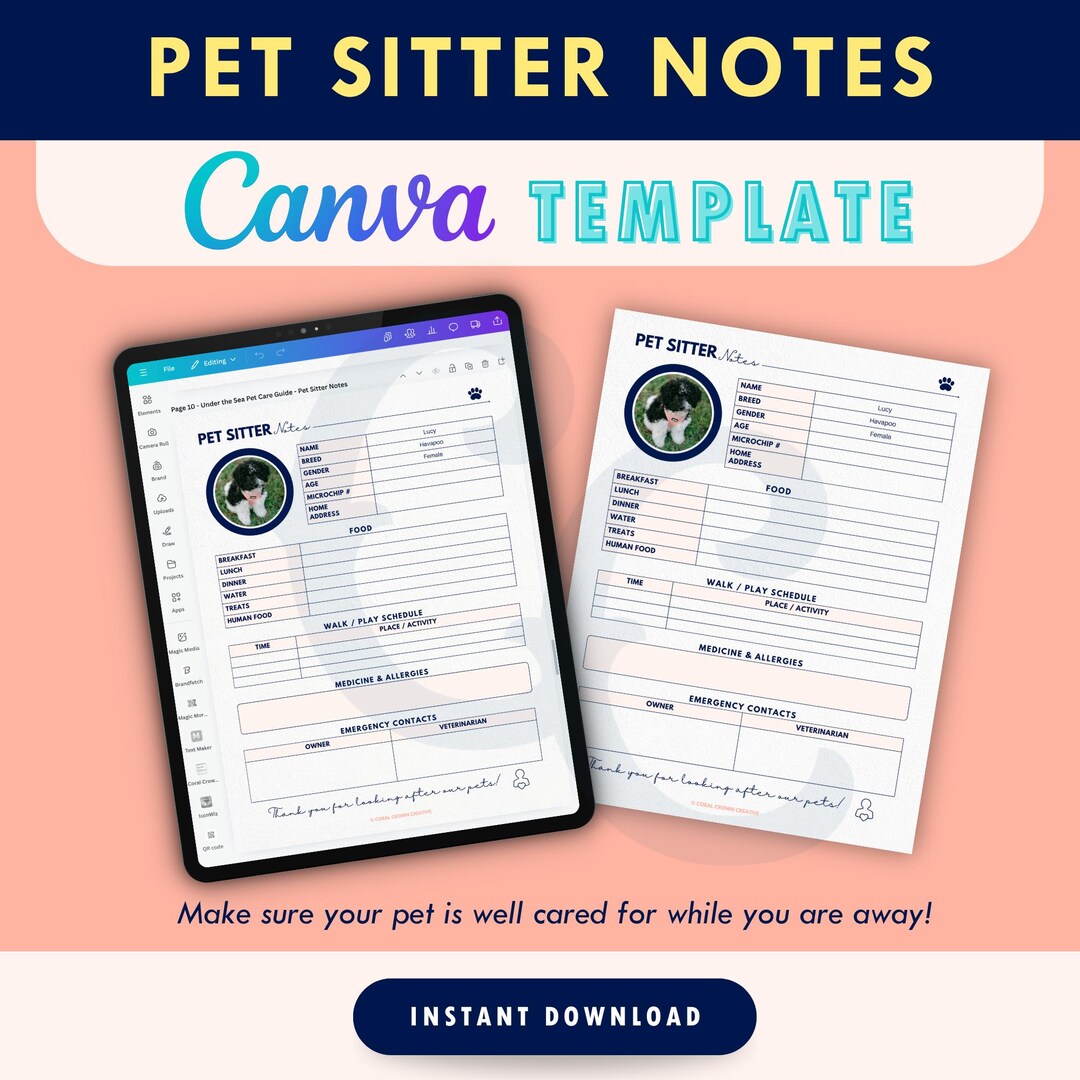 Pets Design Note Pet Sitter Notes | Canva Template | Editable | US Letter | Instant ...