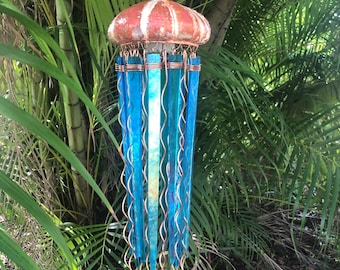 Jellyfish Lamp: Iridescent Glass Tendrils, Sea Urchin Light, Nautical Boho Decor, Glass and Copper sculpture