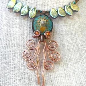 Handmade Copper Squid Necklace, Shell Pendant, Swarovski Eyes, Boho Beach Jewelry