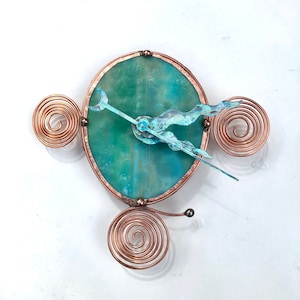 Handmade Teal Stained Glass Clock with Copper Accents