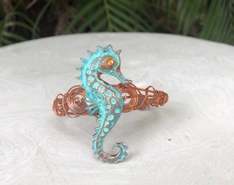 Seahorse  cuff, copper, verde, teal cuff, beach  lover