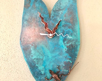 Handmade copper clock, leaf clock, verdigris clock, nature theme clock,