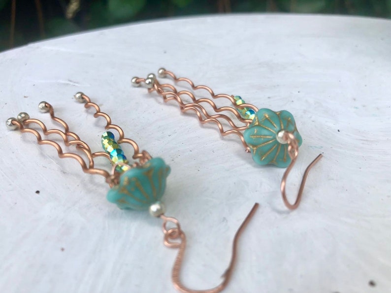 Jellyfish earrings, copper, dangle, Serenity, Czech glass, mint green, resort jewelry, beachy, boho, cruise wear, artsy earrings, Medusa, image 5