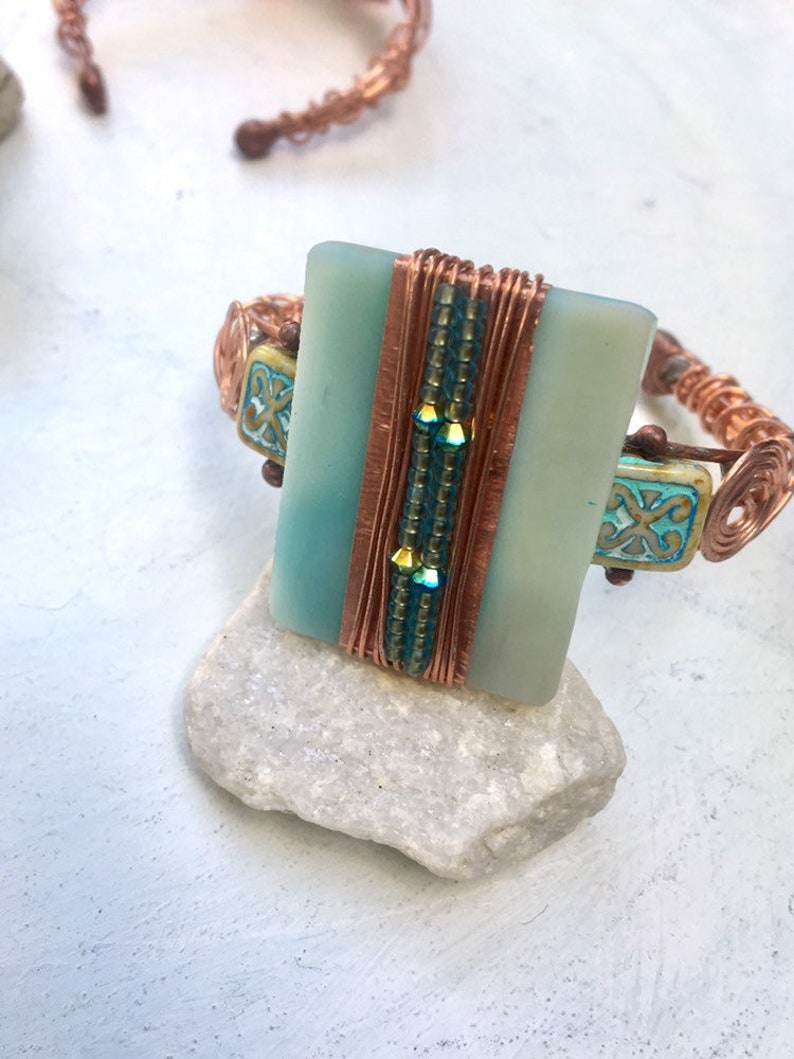 Handcrafted Deco Copper Geometric Glass Cuff Artisan,
