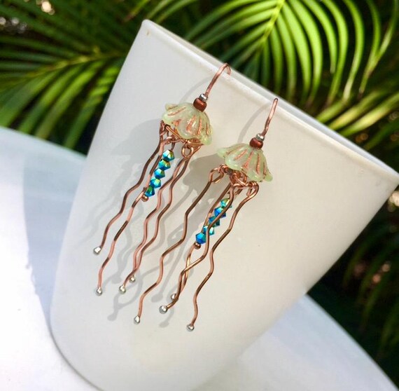 Jellyfish earrings, copper, dangle, Serenity, Czech glass,  mint green, resort jewelry, beachy, boho, cruise wear, artsy earrings, Medusa,