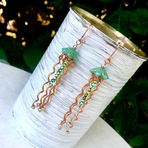 Jellyfish earrings, copper, dangle, Serenity, Czech glass, mint green, resort jewelry, beachy, boho, cruise wear, artsy earrings, Medusa, image 2