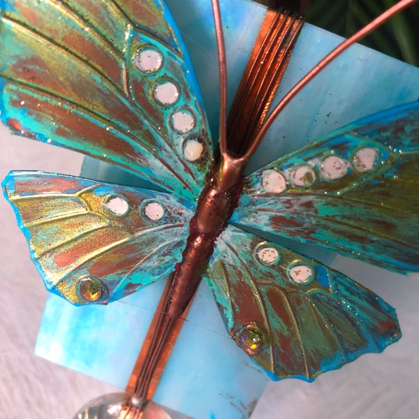 Handmade butterfly night light, Glass, Cottage Chic, Stained Glass night light, Copper, Crystal, Housewarming gift, hostess , new baby gift,
