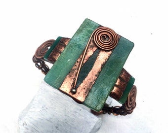 Copper cuff, glass cuff, linear cuff, green glass, metal cuff, craftsman style, mission, wright