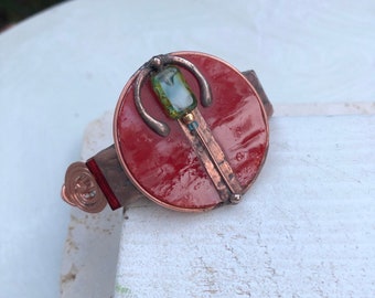 Copper cuff, glass cuff, circle  red glass, metal cuff, craftsman style, mission, wright