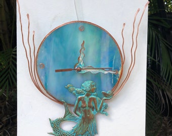 Mermaid clock, teal, iridescent, round clock, wall timepiece,