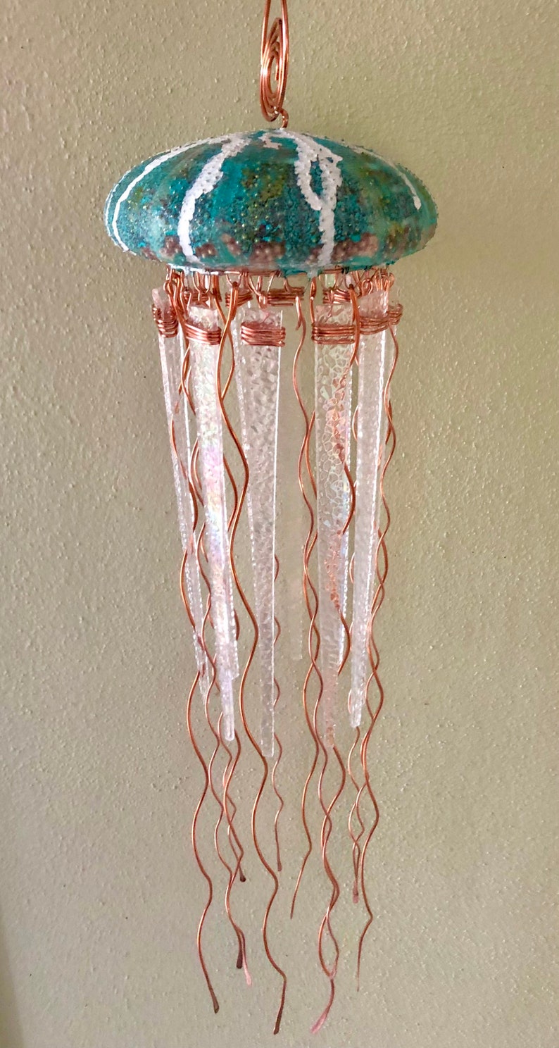 Jellyfish lamp, shell jellyfish decor, sea urchin lamp, beachy light, tropical decor, wedding gift, nautical, hanging, milestone gift image 3