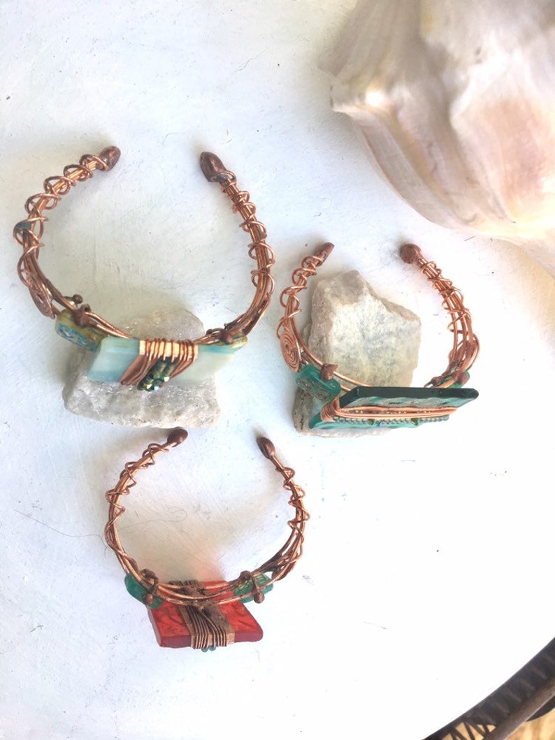 Handcrafted Deco Copper Geometric Glass Cuff Artisan,