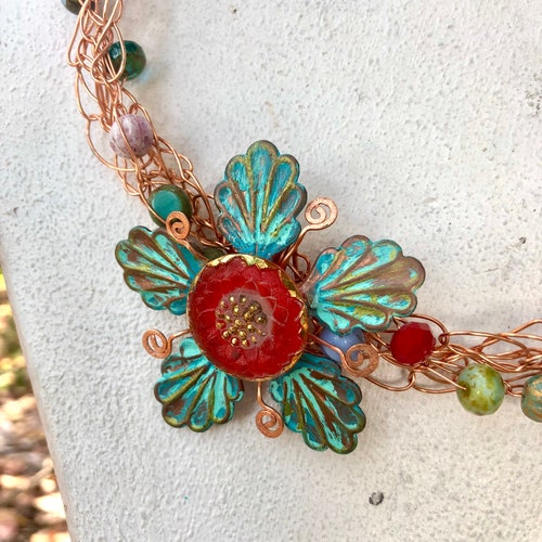 Statement necklace, shops flower, crocheted, vintage Czech glass, copper,