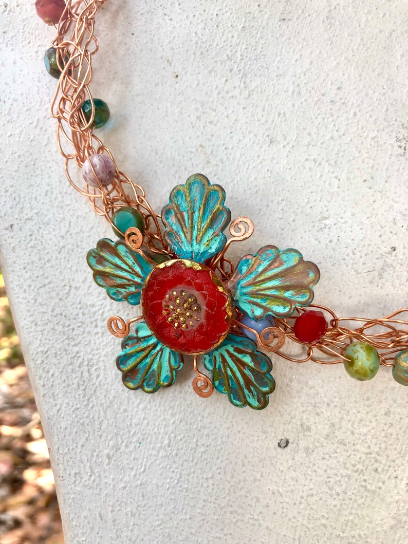 Statement necklace, shops flower, crocheted, vintage Czech glass, copper,