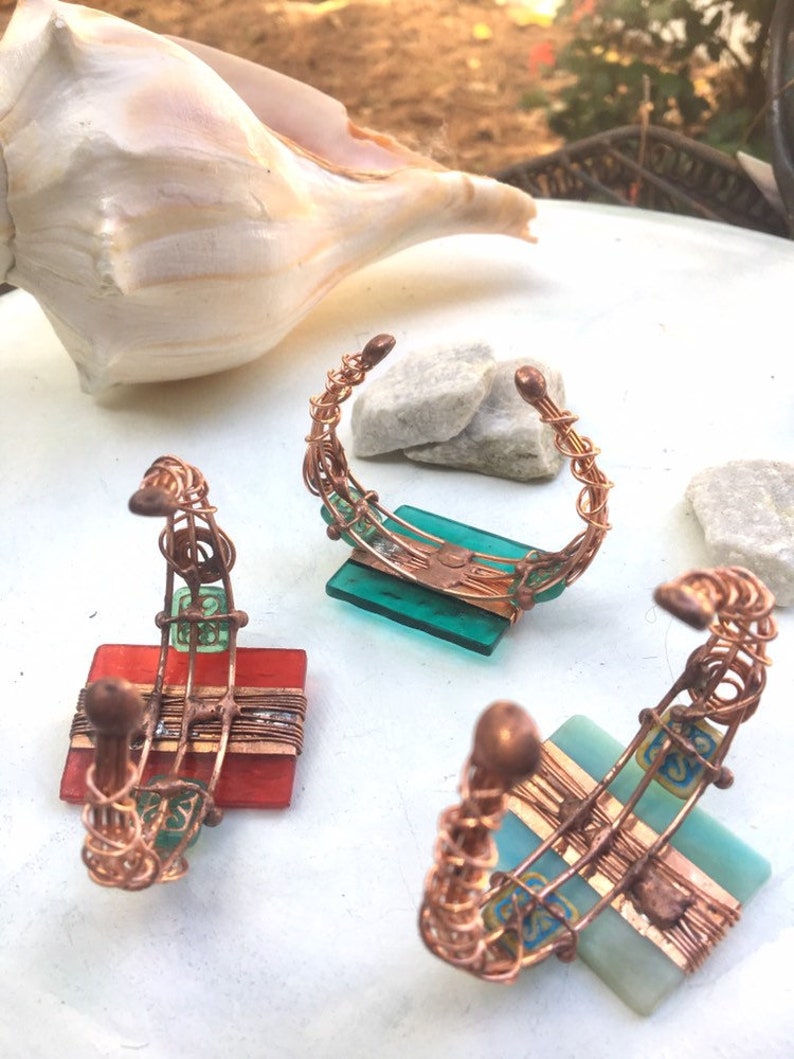 Handcrafted Deco Copper Geometric Glass Cuff Artisan,