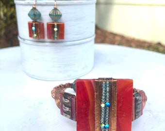 Red glass cuff and earring set