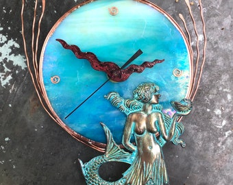 Mermaid clock, teal, iridescent, round clock, wall timepiece,